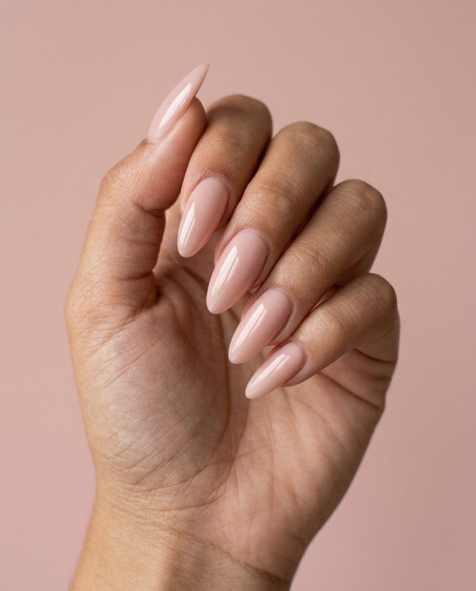 A hand showing long almond-shaped nail extensions in a glossy milky pink.