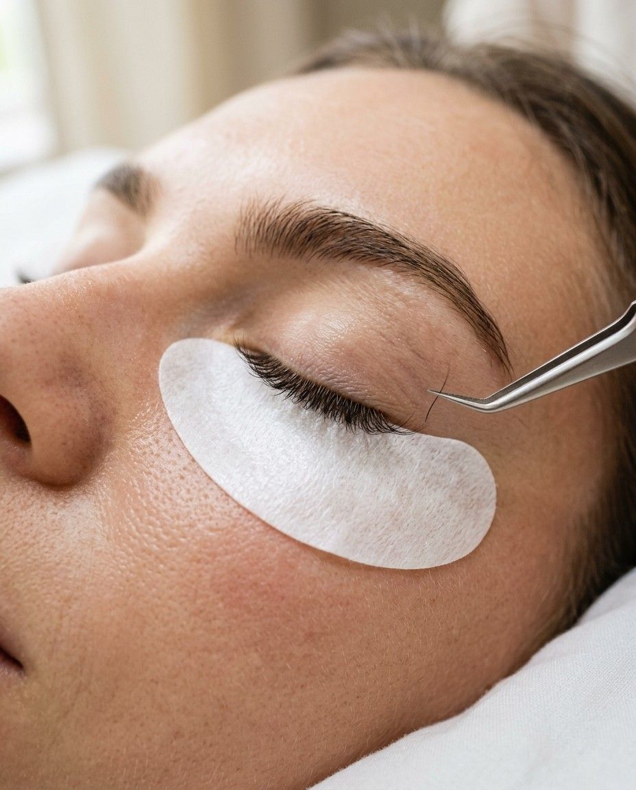 Close-up of a closed eye during an eyelash extension treatment, tweezers placing a single lash.