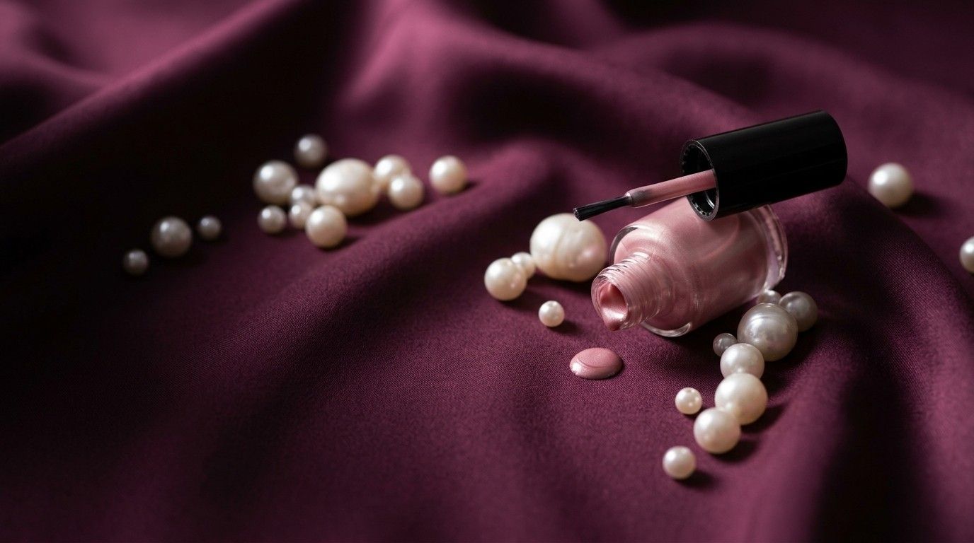 Loose pearls and an open bottle of pearl-pink nail polish on plum silk.